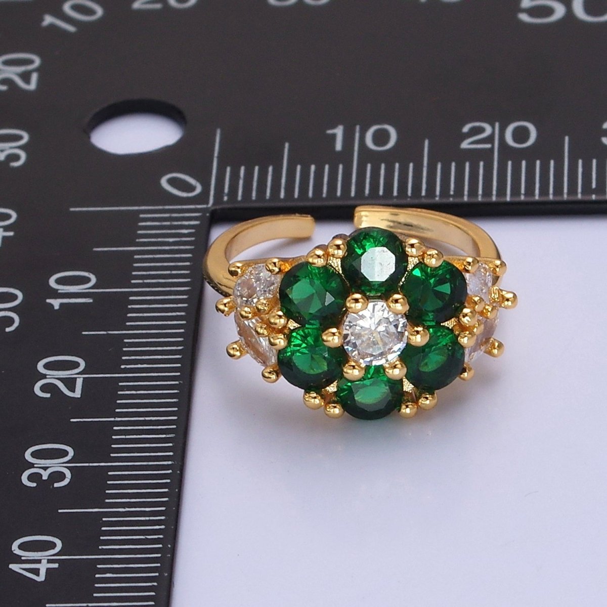 24K Gold Filled Emerald Flower Ring, Clear & Green Cubic Zirconia CZ Nature Promise Ring, O-2293 - DLUXCA