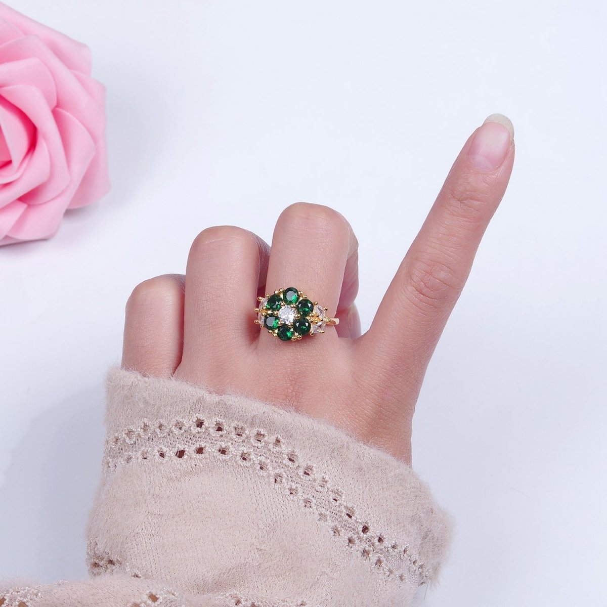 24K Gold Filled Emerald Flower Ring, Clear & Green Cubic Zirconia CZ Nature Promise Ring, O-2293 - DLUXCA