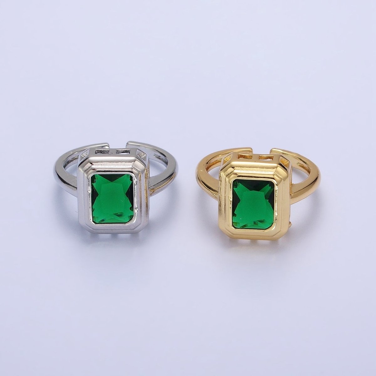24K Gold Filled Emerald Green Baguette CZ Adjustable Ring in Gold & Silver | Y-606 Y-607 - DLUXCA