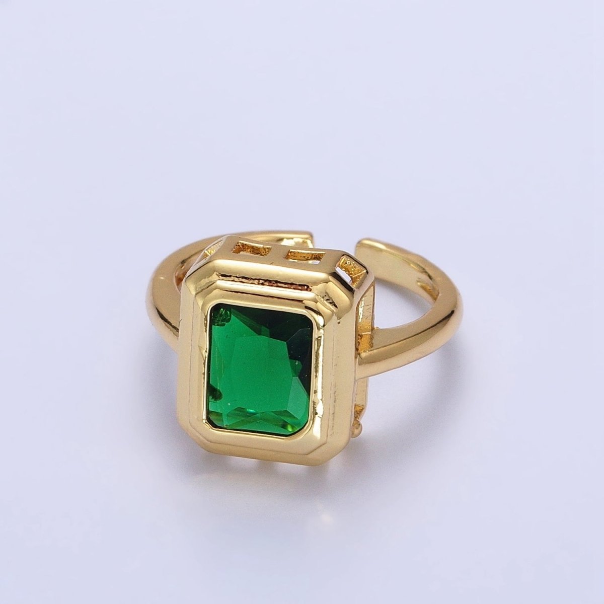 24K Gold Filled Emerald Green Baguette CZ Adjustable Ring in Gold & Silver | Y-606 Y-607 - DLUXCA