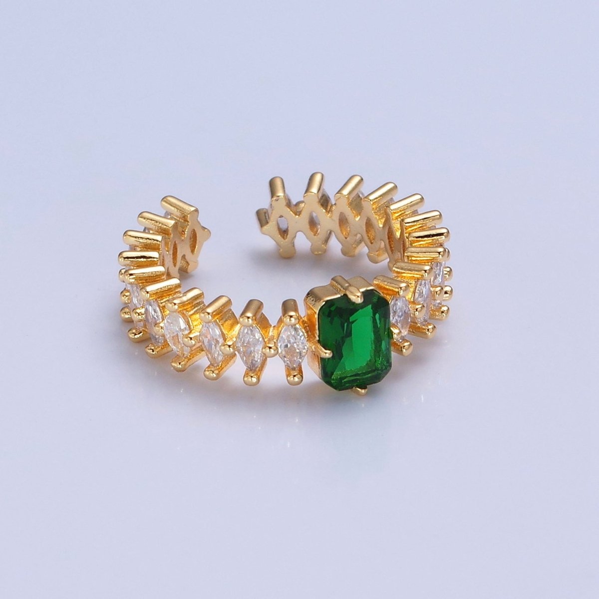 24K Gold Filled Emerald Green Baguette Ring with Clear Marquise Band, Cubic Zirconia CZ Promise Ring O-2289 - DLUXCA