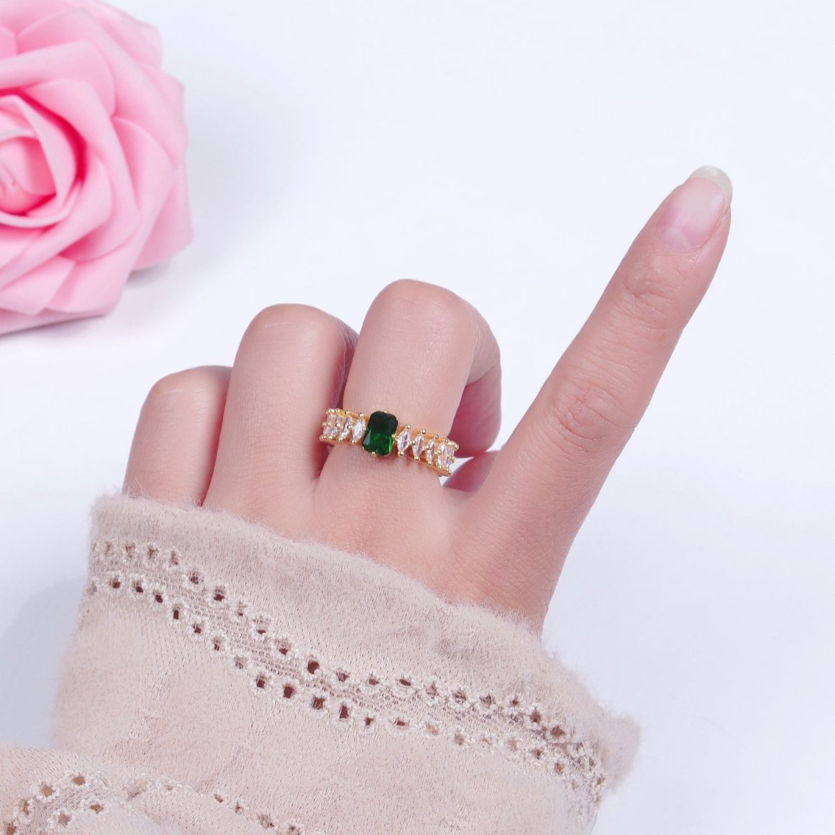 24K Gold Filled Emerald Green Baguette Ring with Clear Marquise Band, Cubic Zirconia CZ Promise Ring O-2289 - DLUXCA