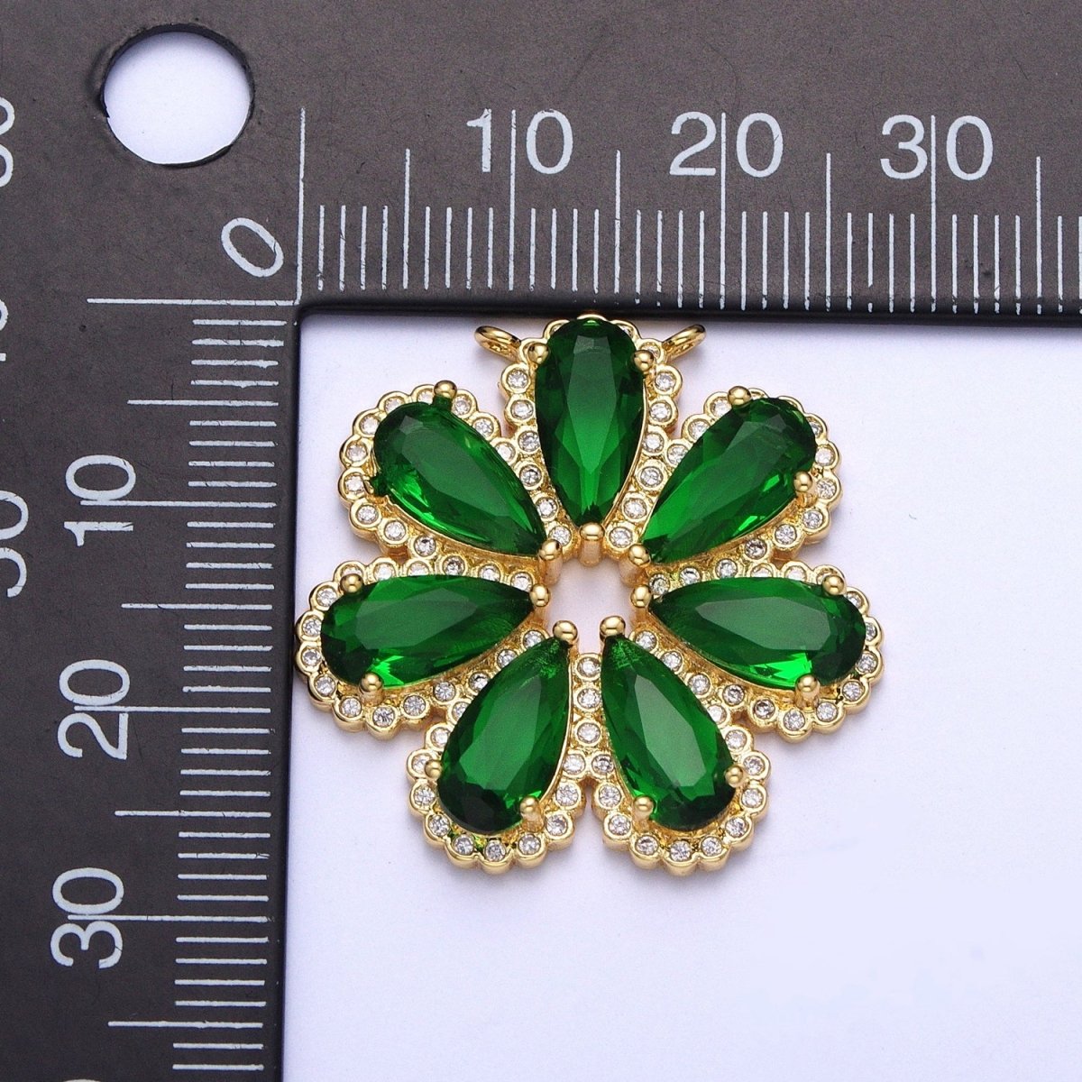 24K Gold Filled Emerald Green Daisy Flower Charm Connector For Jewelry Making, Teardrop Cubic Zirconia Petal Plant G-871 - DLUXCA