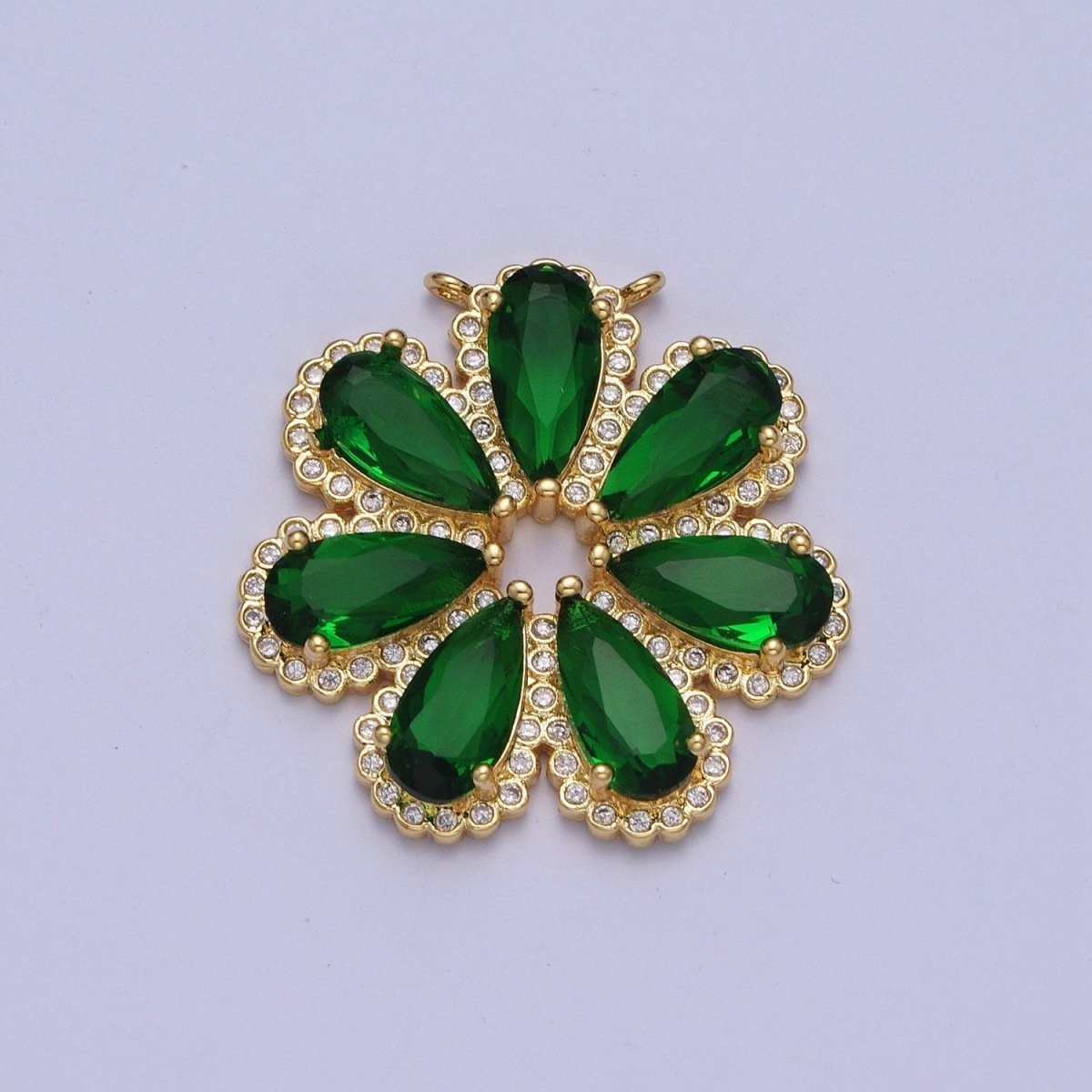 24K Gold Filled Emerald Green Daisy Flower Charm Connector For Jewelry Making, Teardrop Cubic Zirconia Petal Plant G-871 - DLUXCA