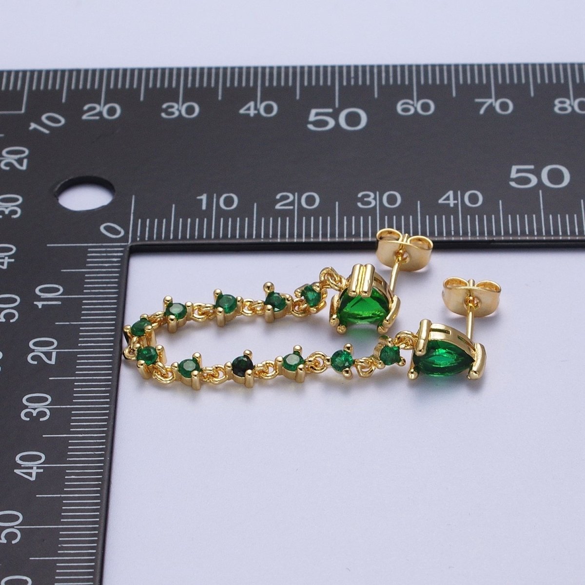 24K Gold Filled Emerald Green Double Cubic Zirconia Teardrop Round Stud Chain Earring | AE-1055 - DLUXCA