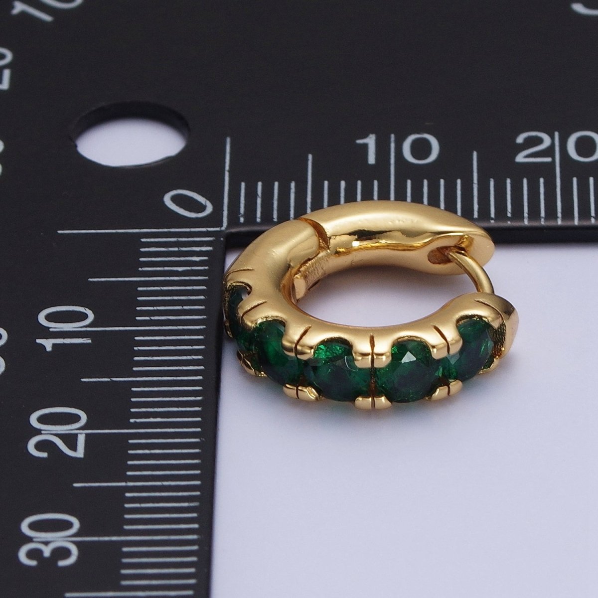 24K Gold Filled Emerald Green Micro Pave Cubic Zirconia 16.5mmx17mm Huggie Hoop Earrings | X-855 - DLUXCA