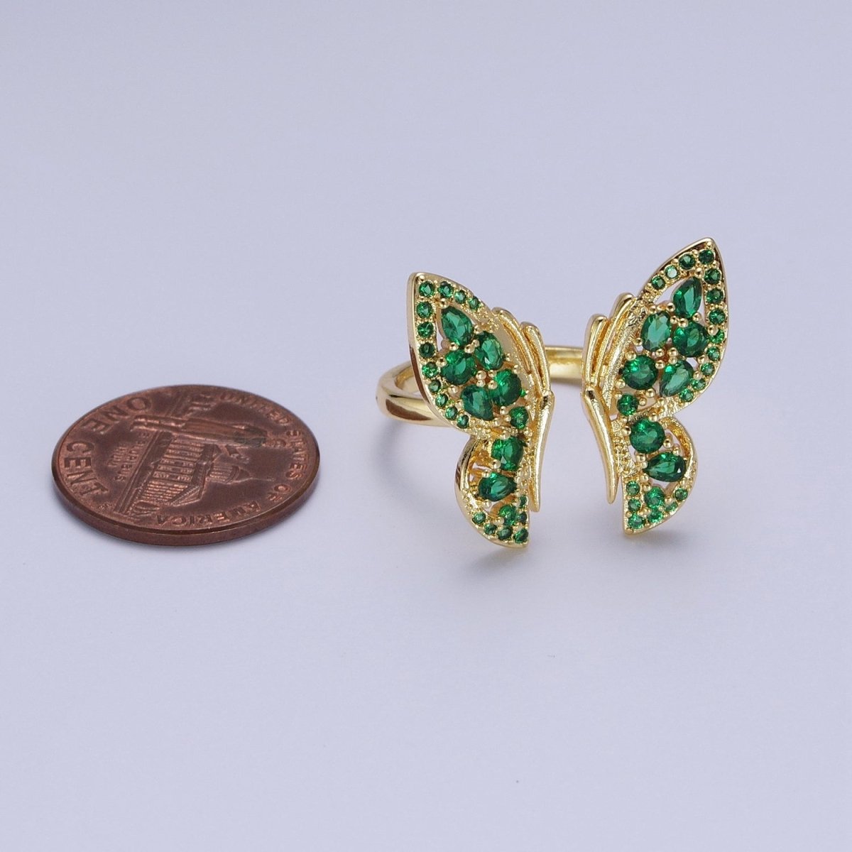 24K Gold Filled Emerald Green Micro Pave Cubic Zirconia Butterfly Mariposa Wings Open Adjustable Ring | X-600 - DLUXCA