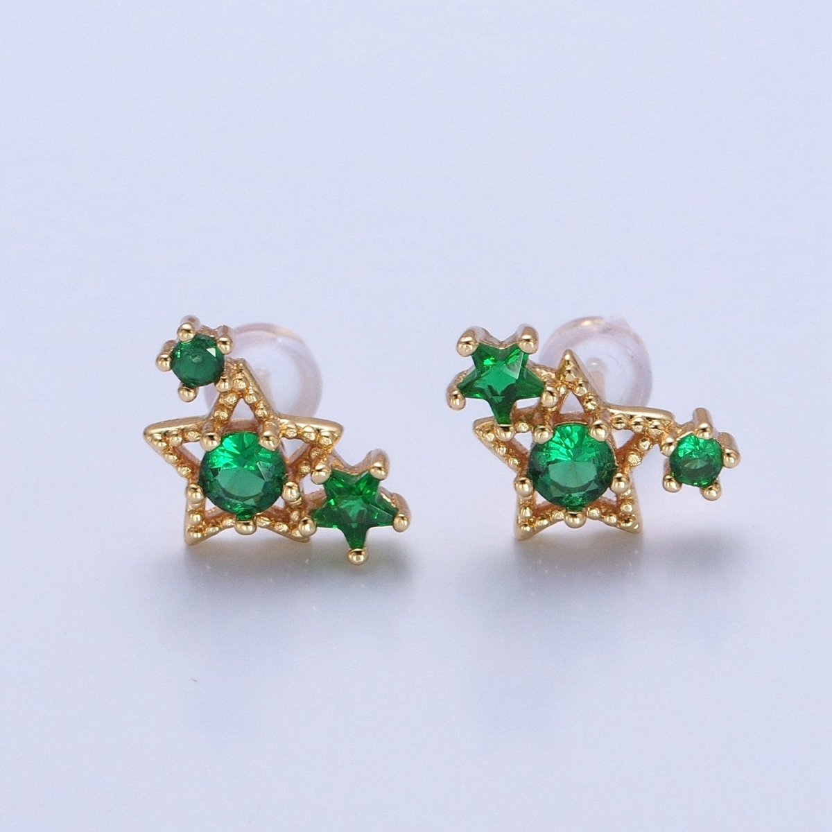 24K Gold Filled Emerald Green Star Studs, Celestial Night Cubic Zirconia CZ Earrings V-432 - DLUXCA