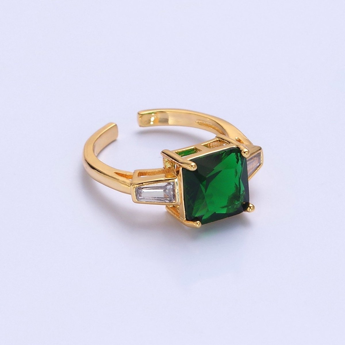 24K Gold Filled Emerald Promise Ring, Green & Clear Baguette Cubic Zirconia CZ Ring O-2294 - DLUXCA