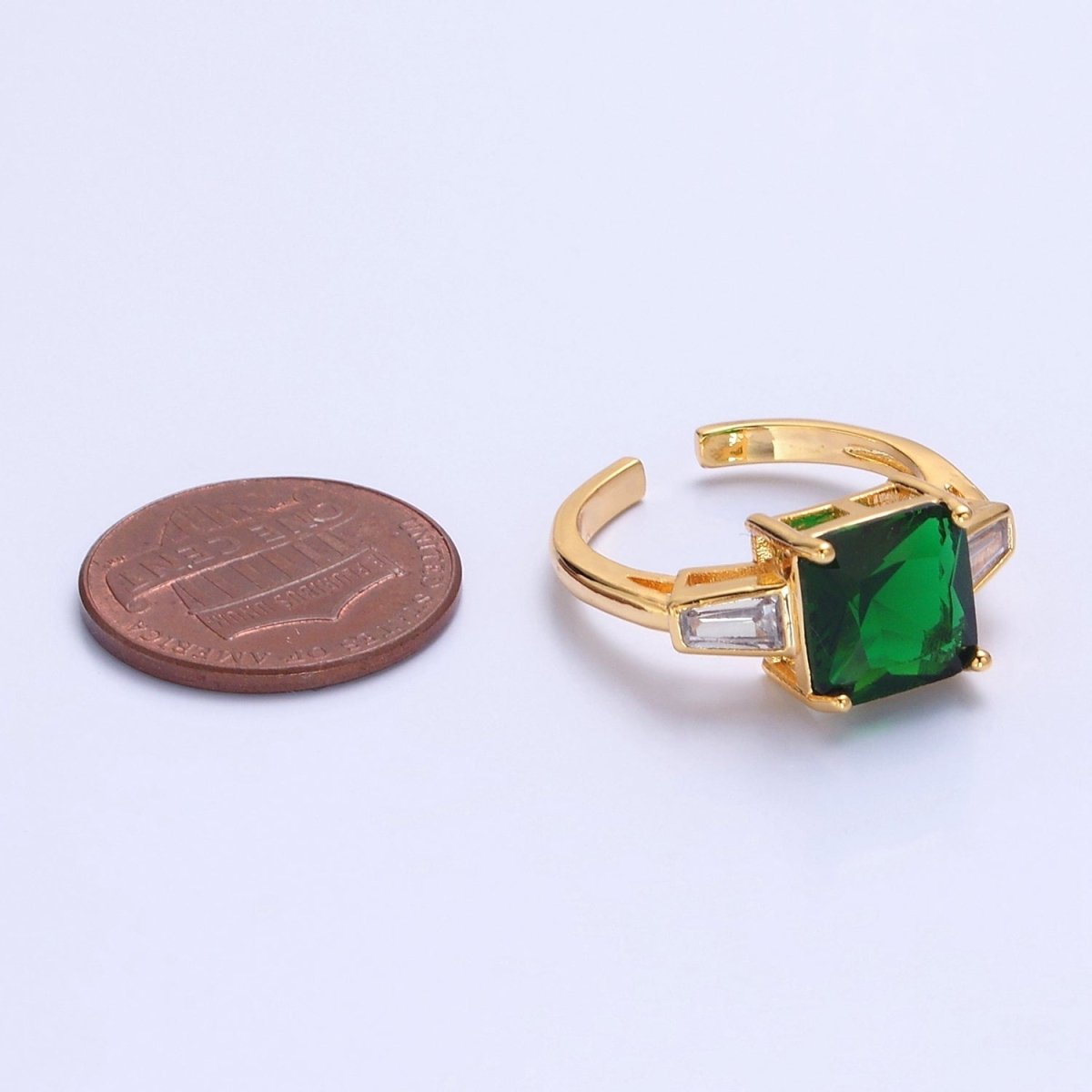 24K Gold Filled Emerald Promise Ring, Green & Clear Baguette Cubic Zirconia CZ Ring O-2294 - DLUXCA