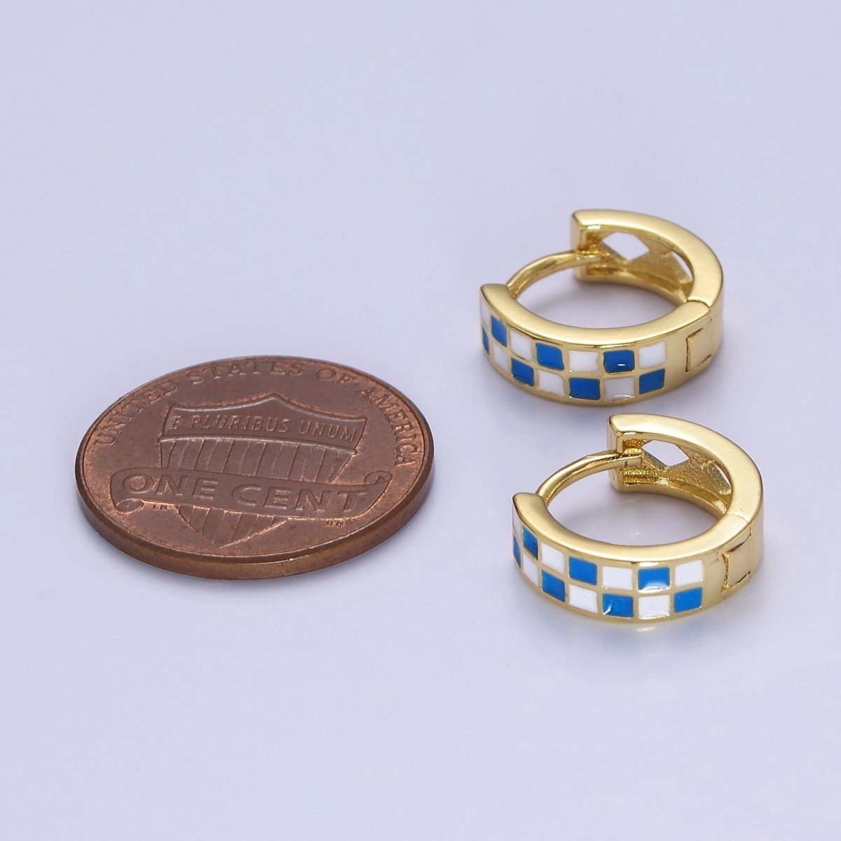 24K Gold Filled Enamel Checker Hoops Earring Retro Gold Huggie Earrings V131 V132 - DLUXCA