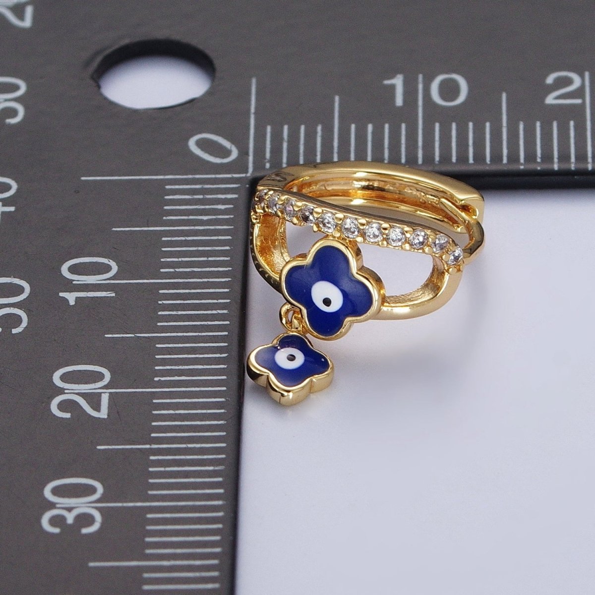 24K Gold Filled Enamel Evil Eye Quatrefoil Clover-Shaped Dangle Micro Paved CZ Huggie Hoop Earrings | X-837-X-839 - DLUXCA