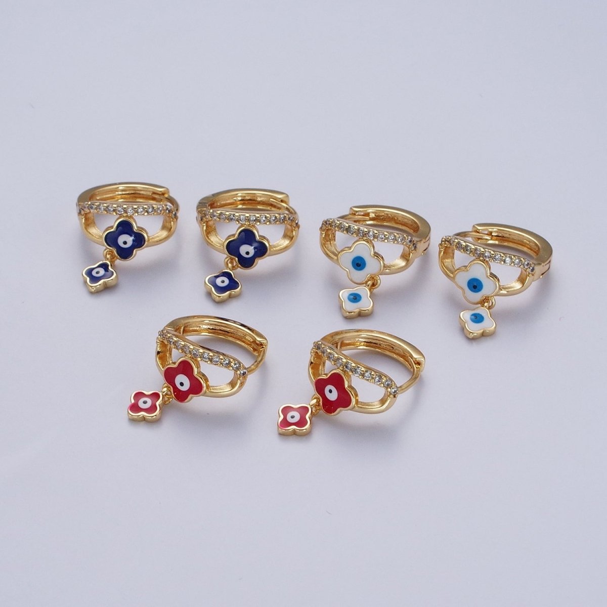 24K Gold Filled Enamel Evil Eye Quatrefoil Clover-Shaped Dangle Micro Paved CZ Huggie Hoop Earrings | X-837-X-839 - DLUXCA