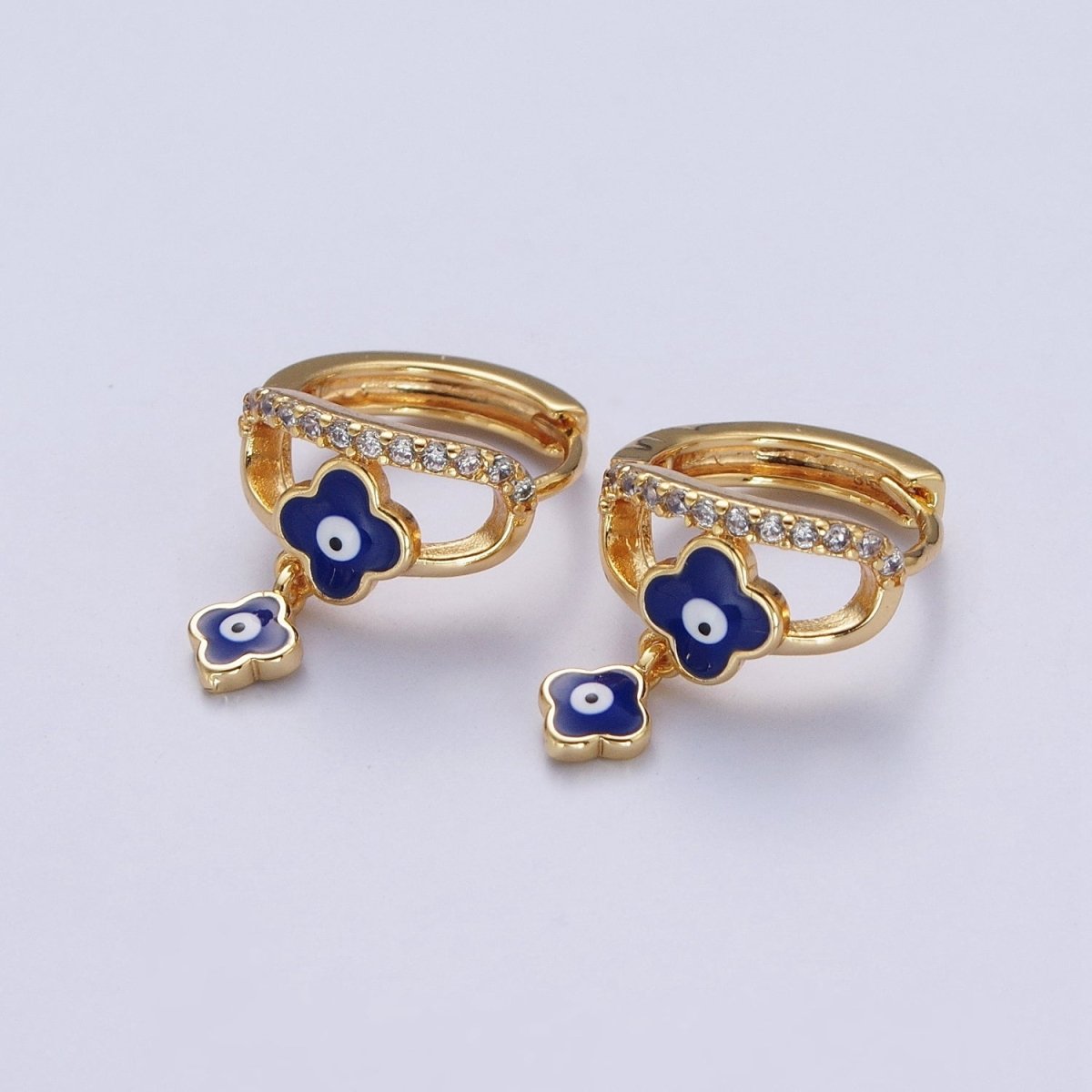 24K Gold Filled Enamel Evil Eye Quatrefoil Clover-Shaped Dangle Micro Paved CZ Huggie Hoop Earrings | X-837-X-839 - DLUXCA