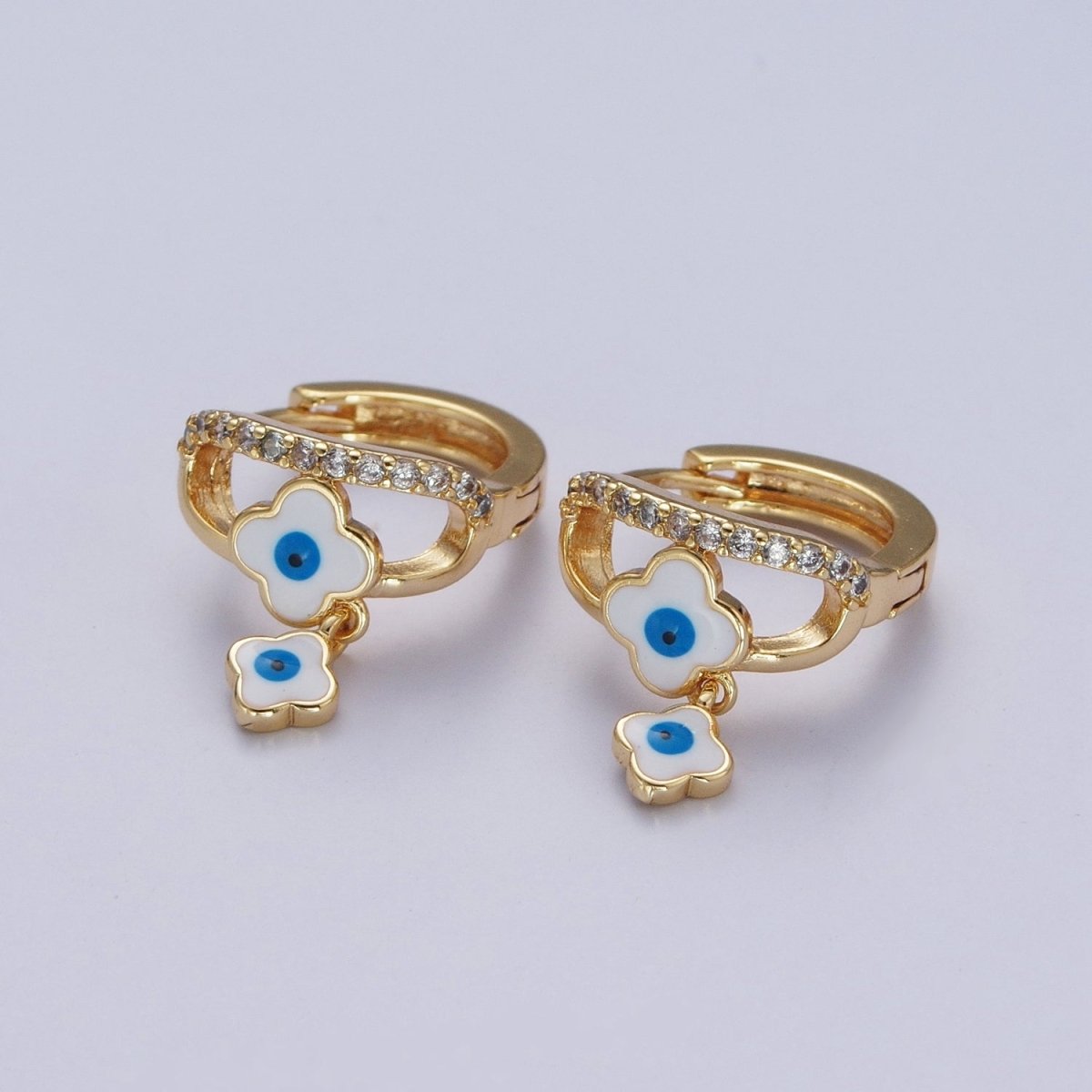 24K Gold Filled Enamel Evil Eye Quatrefoil Clover-Shaped Dangle Micro Paved CZ Huggie Hoop Earrings | X-837-X-839 - DLUXCA