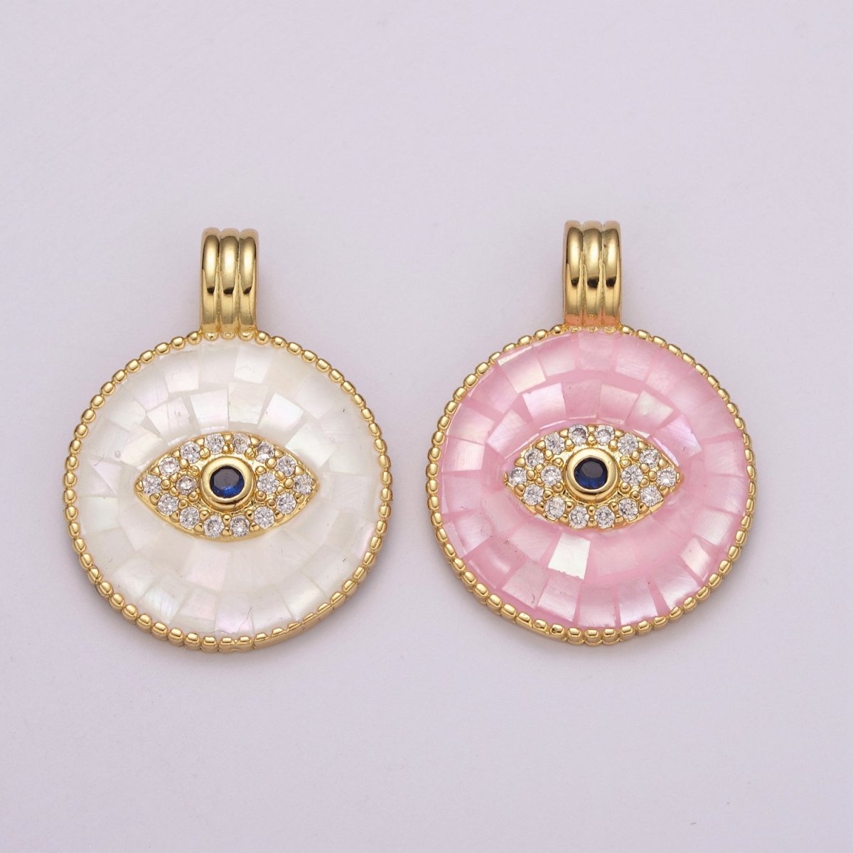 24K Gold Filled Evil Eye Charm Necklace -Round Circle Evil Eye Pendant Necklace - Dainty Pink White Necklace Evil Eye Charm - Layered Necklace for Women N-1481 N-1482 - DLUXCA