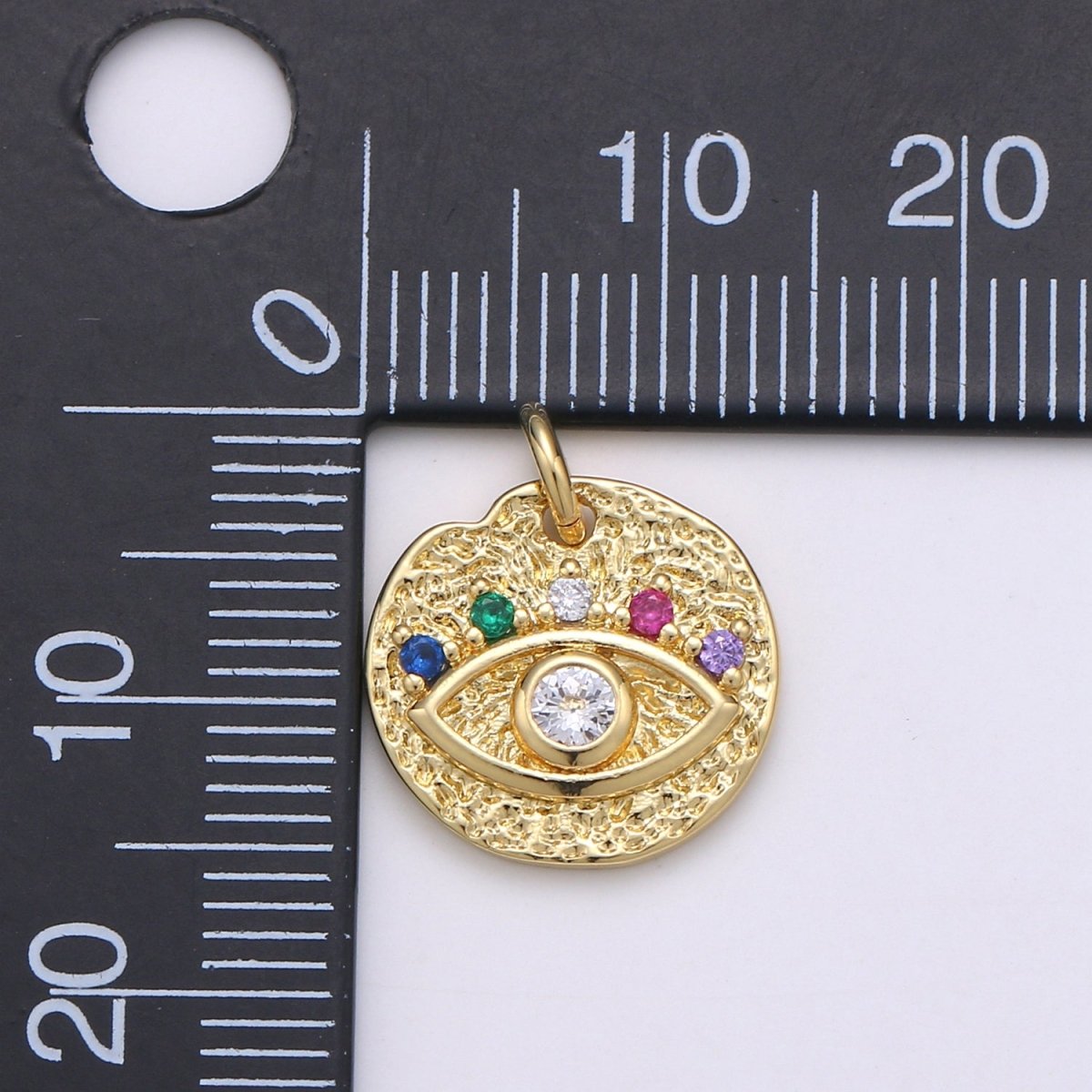 24K Gold Filled Evil Eye Coin Charm Round Disc Evil Eye Pendant Necklace, Gold Medallion Rustic Charm Cubic Eye Charm D-873 - DLUXCA