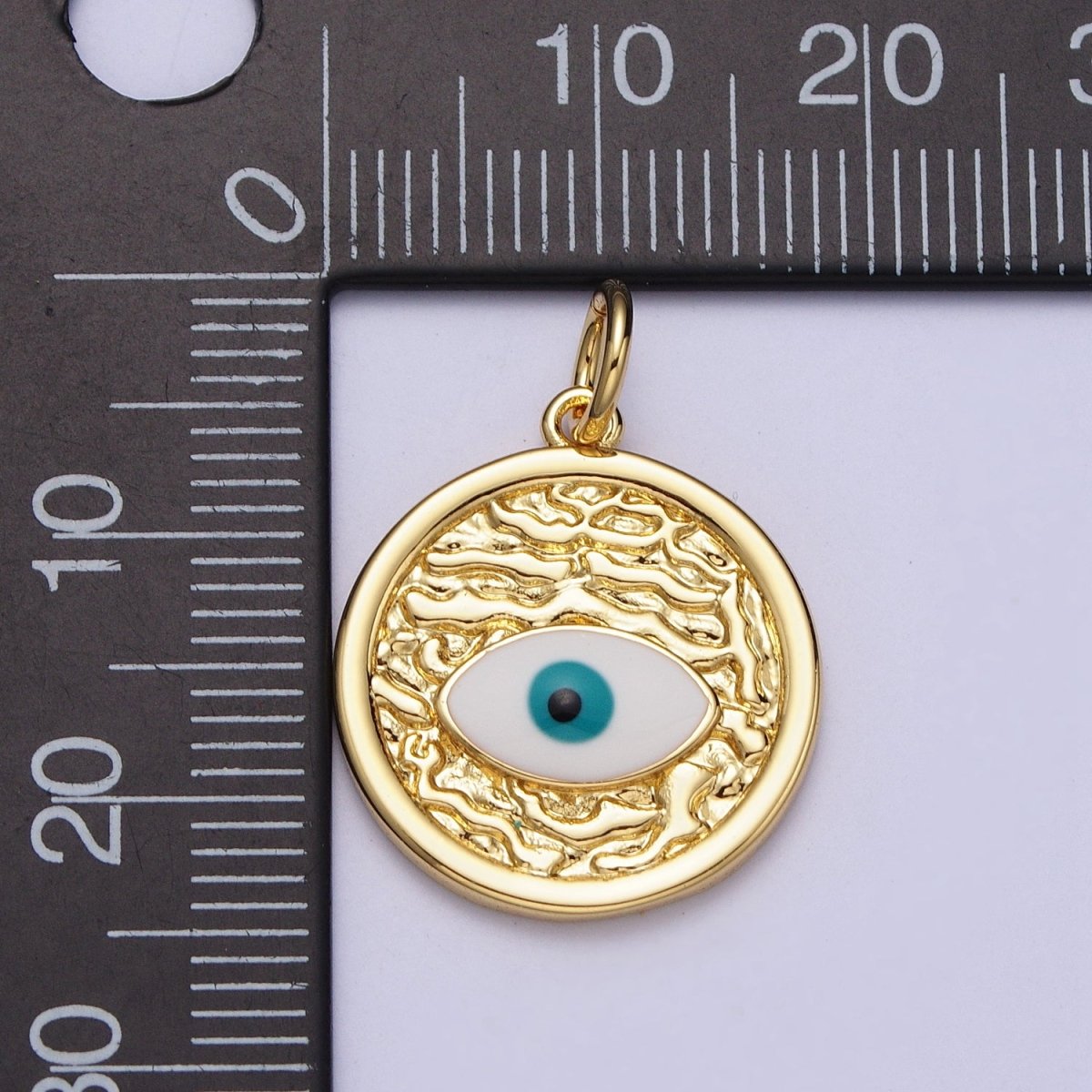 24K Gold Filled Evil Eye Enamel Textured Round Charm E-457 - DLUXCA