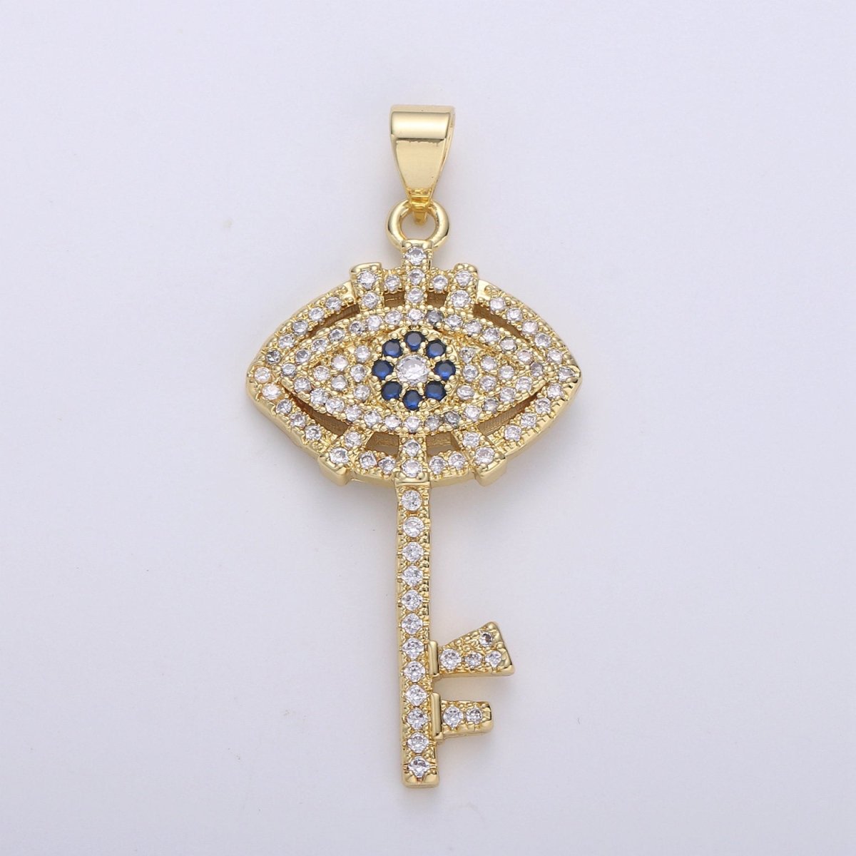 24k Gold Filled Evil Eye Pendant Micro Pave Evil Eye Charms, Gold Key Pendant Cubic Key Charm for Necklace I-876 - DLUXCA