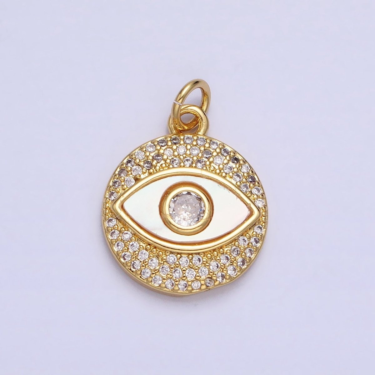 24K Gold Filled Evil Eye Shell Pearl Clear Micro Paved CZ Round Charm | AC590 - DLUXCA