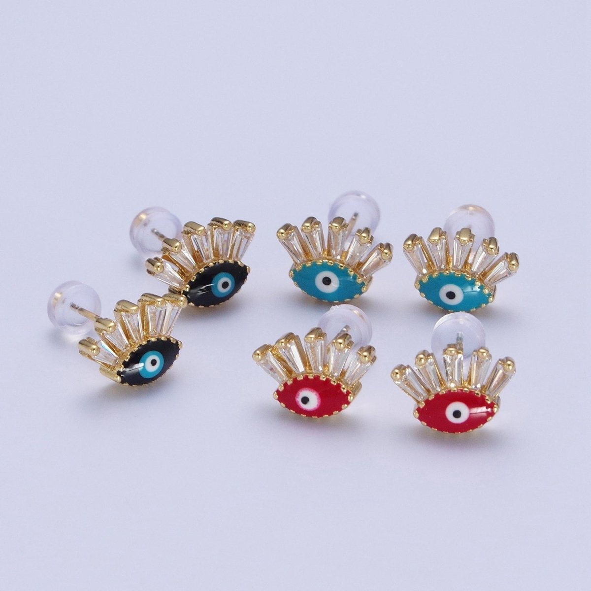 24K Gold Filled Evil Eye Stud Earrings, Blue Red Black Enamel Protection Eye of Ra Jewelry P-388 P-389 P-390 - DLUXCA