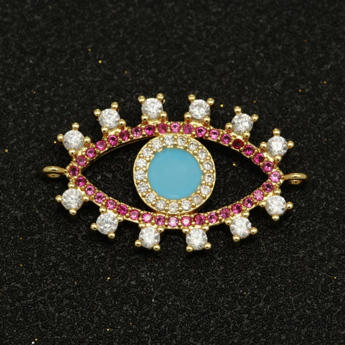 24K Gold Filled eye Charm Connector necklace with Turquoise cubic zirconia | unique evil eye bracelet Connector Link evil eye Double bail charm N-075 - DLUXCA
