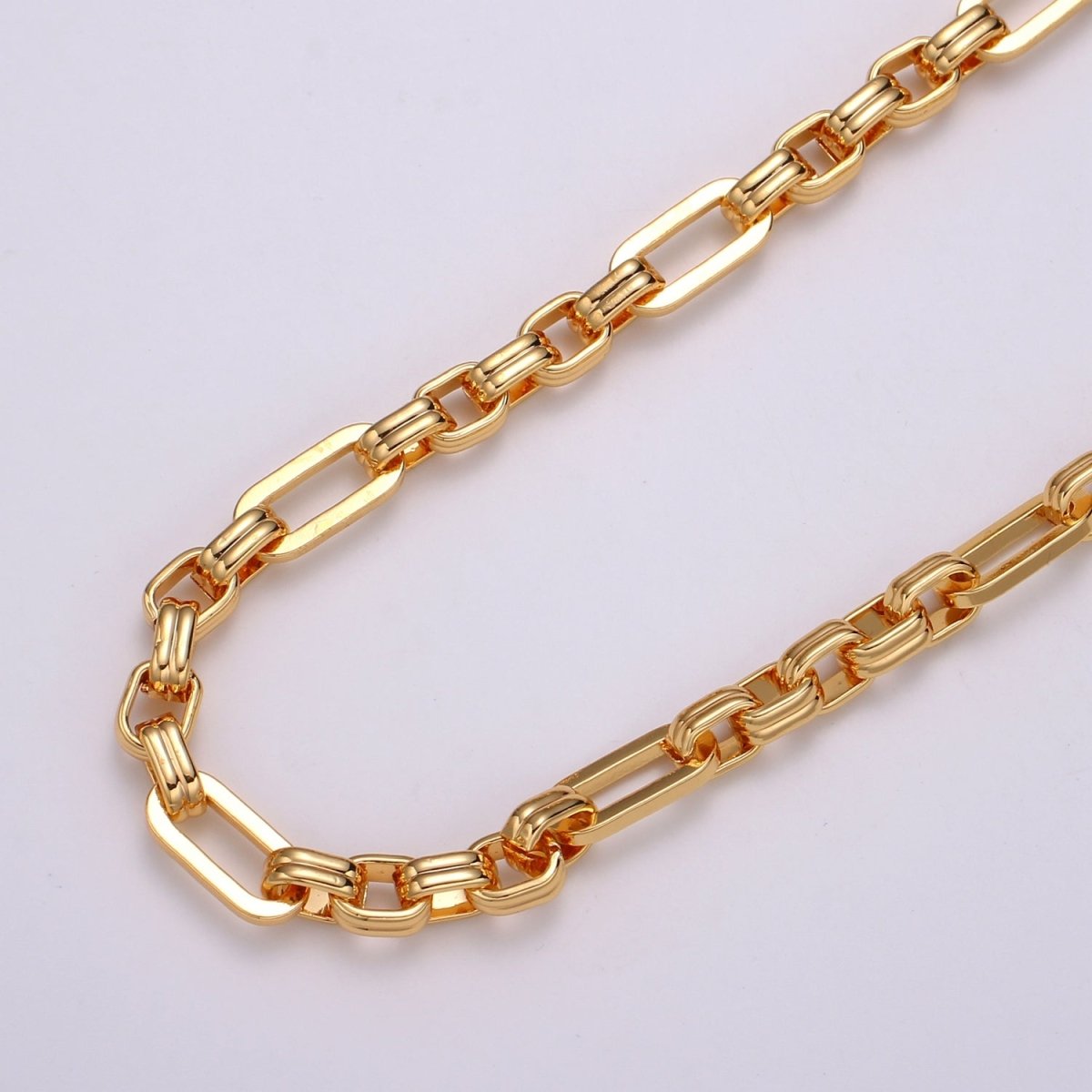 24K Gold Filled Figaro Long and Short Fancy Chain by Yard, Link Square CABLE Elongate Chain, Wholesale Roll Chain For Jewelry Necklace Bracelet Anklet Making | ROLL-422 Clearance Pricing - DLUXCA