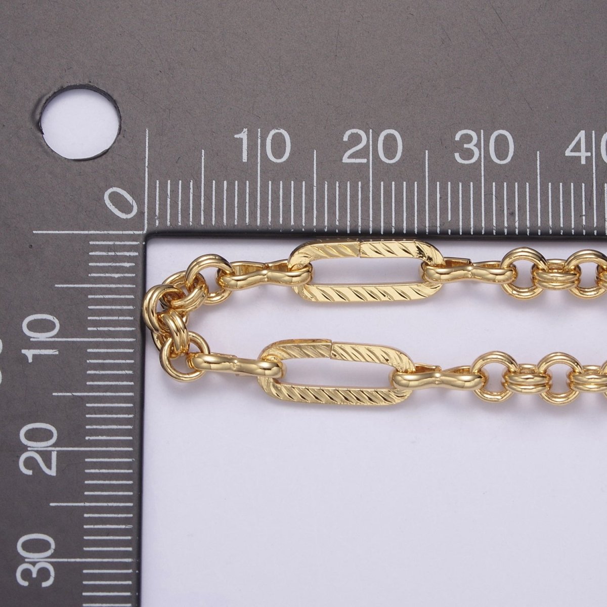24K Gold Filled Figaro Long and Short Fancy Chain For Jewelry Making, 14X5.5mm Textured Paper Clip Chain with Figure Eight 8 & Double Rolo Link, Unfinished Chain For Jewelry Making | ROLL-653 Clearance Pricing - DLUXCA