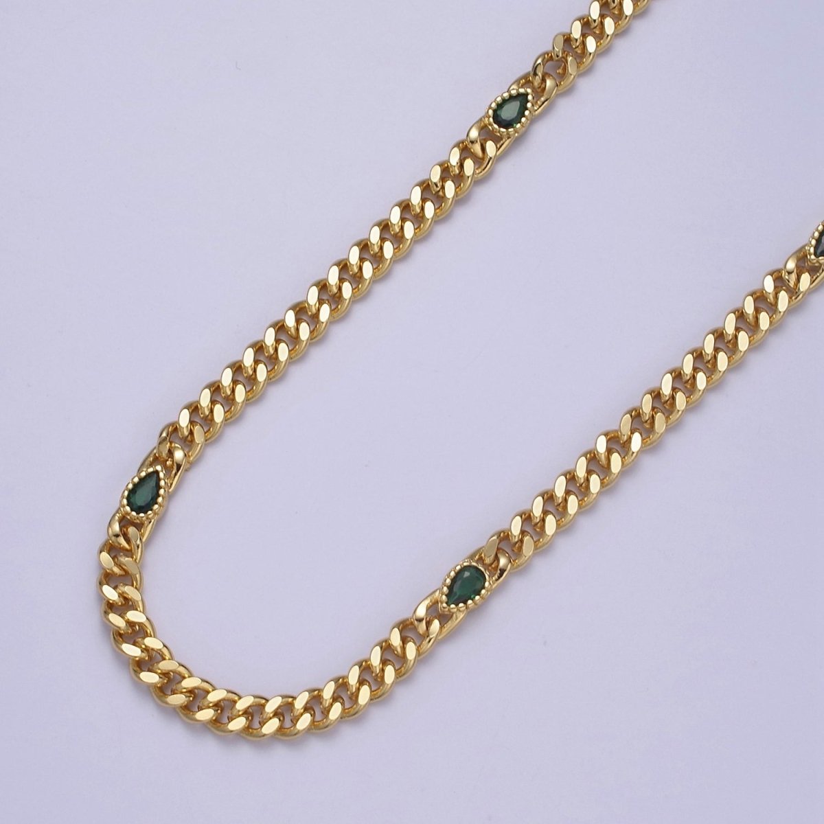 24K Gold Filled Flat Curb Chain with Crystal Cubic Zirconia CZ Teardrop Connector, 4.5mm in Width Unfinished Curb Chain by Meter | O-081 ~ O-083 O-090 WA-1364 Clearance Pricing - DLUXCA