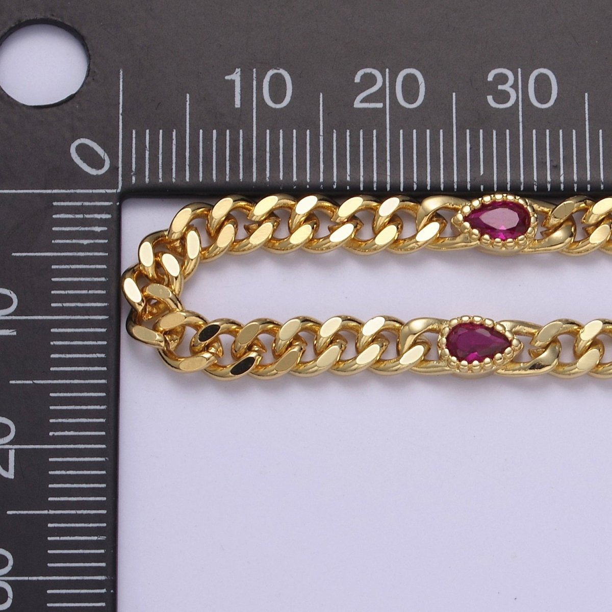 24K Gold Filled Flat Curb Chain with Crystal Cubic Zirconia CZ Teardrop Connector, 4.5mm in Width Unfinished Curb Chain by Meter | O-081 ~ O-083 O-090 WA-1364 Clearance Pricing - DLUXCA