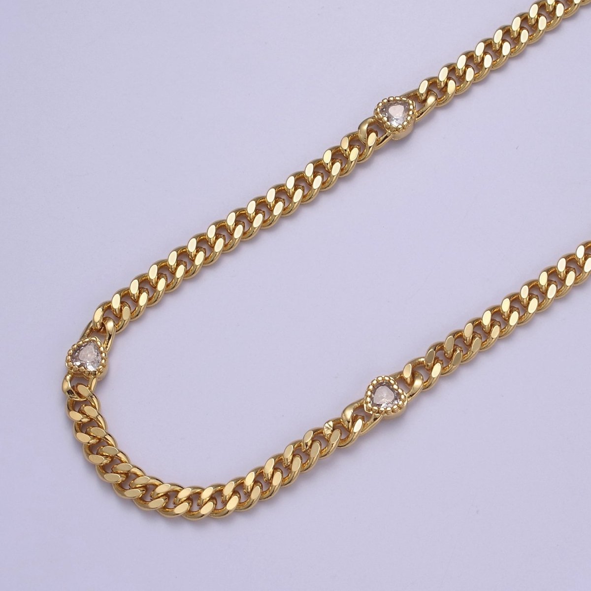 24K Gold Filled Flat Curb Chain with CZ Cubic Zirconia Heart Connector, 4.5mm Width Unfinished Chain For Jewelry Making | WA-1368-WA-1372 Clearance Pricing - DLUXCA