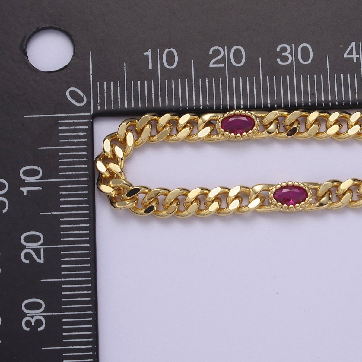 24K Gold Filled Flat Curb Chain with Oval Crystal Cubic Zirconia CZ Connector, 4.5mm in Width Unfinished Curb Chain by Meter | O-087 ~ O-089 WA-1366 - WA-1367 Clearance Pricing - DLUXCA