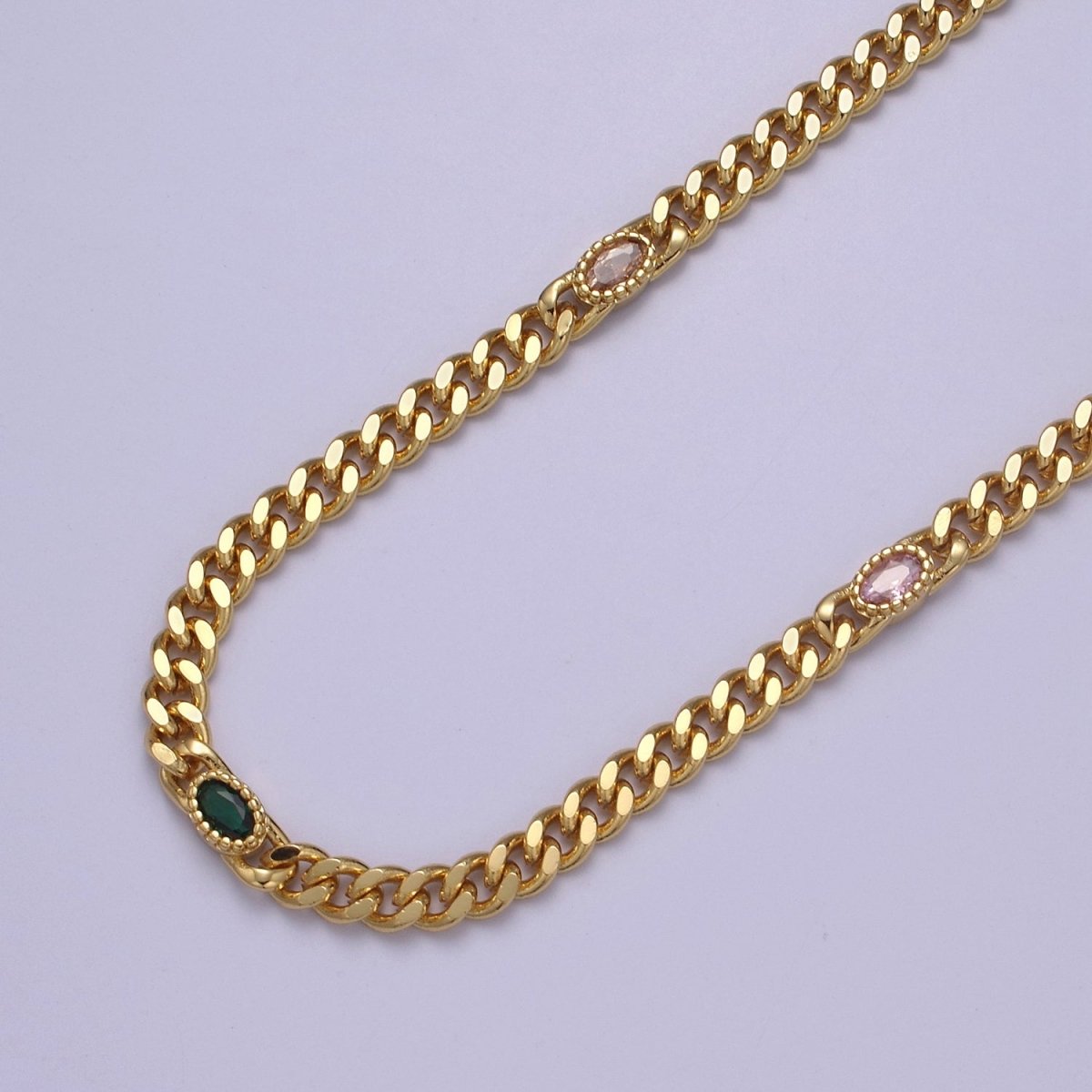 24K Gold Filled Flat Curb Chain with Oval Crystal Cubic Zirconia CZ Connector, 4.5mm in Width Unfinished Curb Chain by Meter | O-087 ~ O-089 WA-1366 - WA-1367 Clearance Pricing - DLUXCA