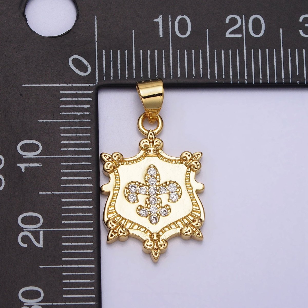 24K Gold Filled Fleur De Lis Clear Micro Paved CZ Crest Shield Pendant | AA077 - DLUXCA