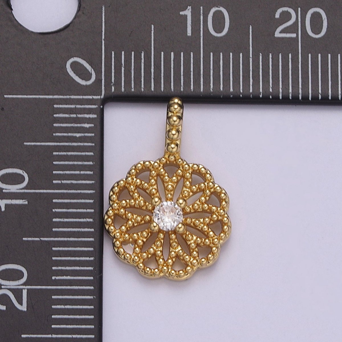 24K Gold Filled Floral Beaded Pendant with Clear CZ in the center for Minimalist Jewelry I-893 - DLUXCA