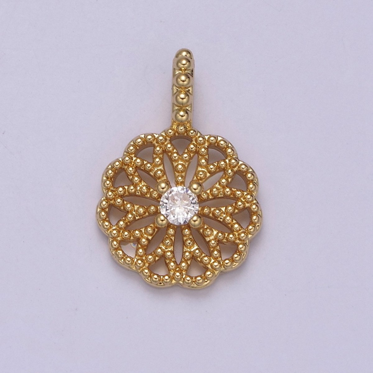 24K Gold Filled Floral Beaded Pendant with Clear CZ in the center for Minimalist Jewelry I-893 - DLUXCA