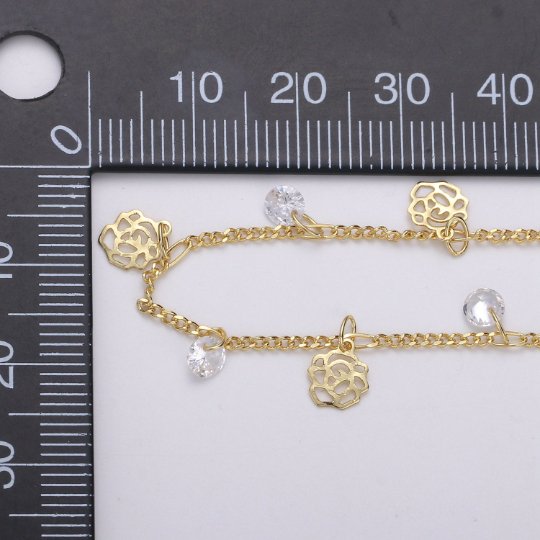 24K Gold Filled Flower Charmed Cubic Chain by Yard, Flower CZ Charm Twisted Curb Chain by Yard | ROLL-322 Clearance Pricing - DLUXCA