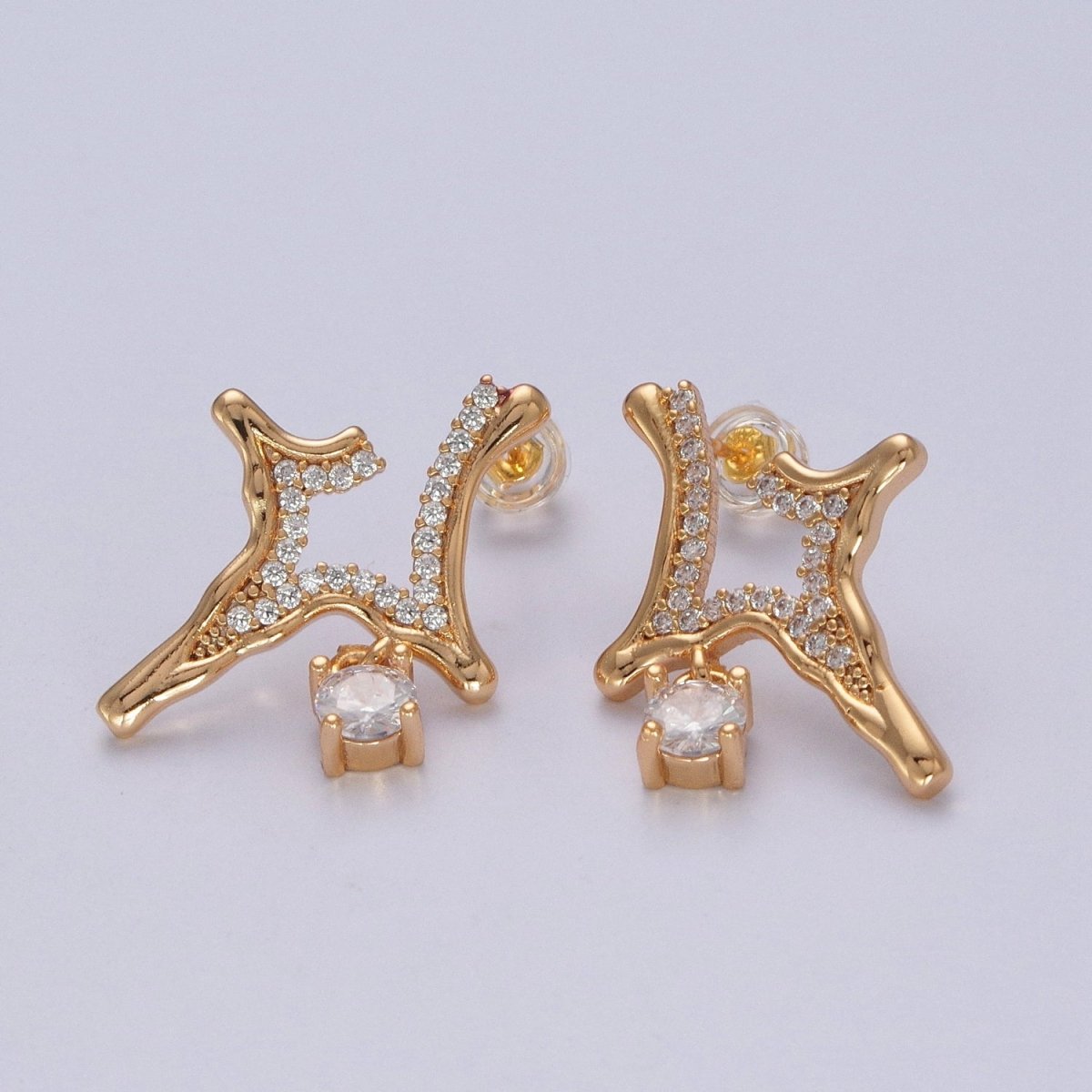 24K Gold Filled Four Pointed North Star, Micro Pave Cubic Zirconia Geometric Hammered Celestial Star Stud Earrings P-339 - DLUXCA