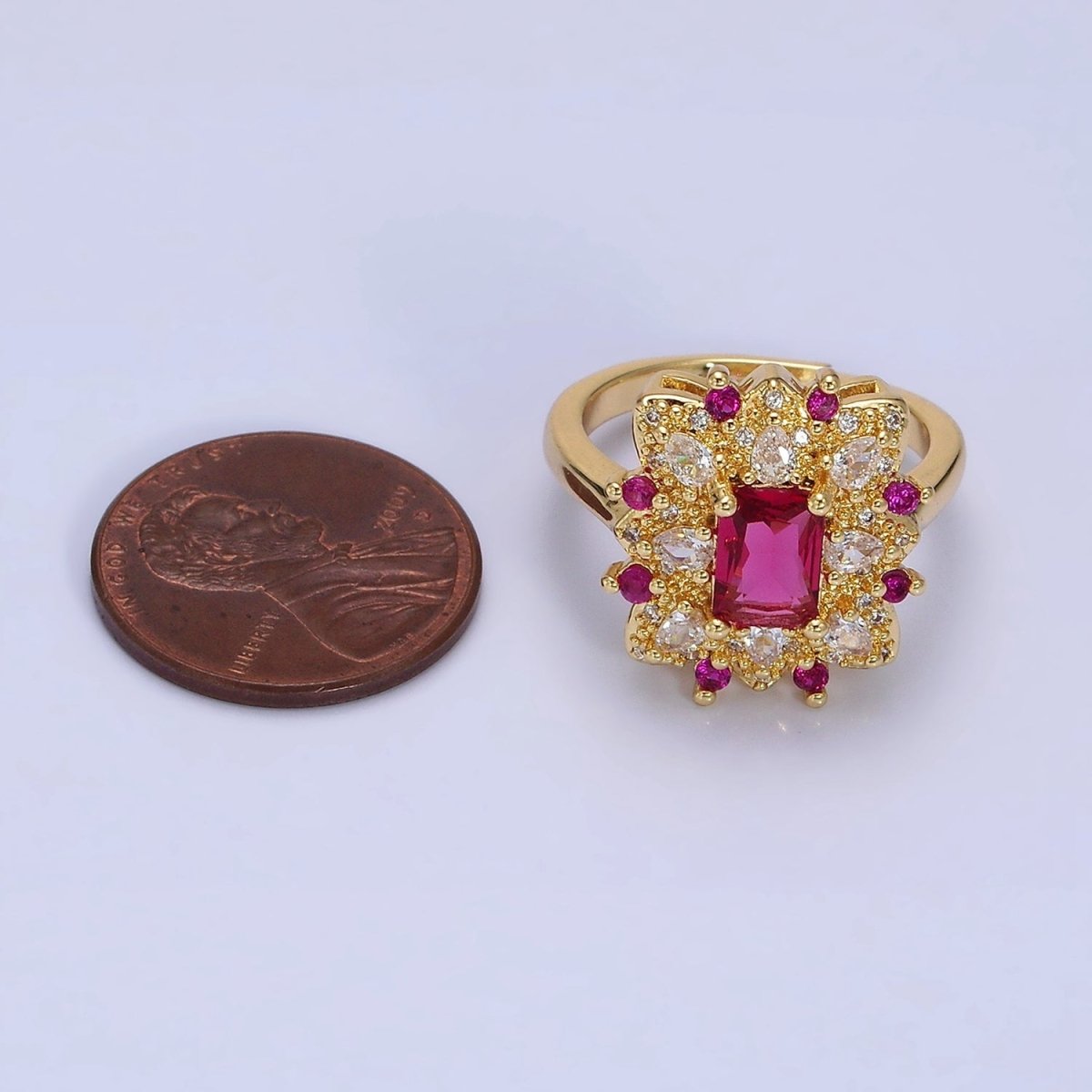 24K Gold Filled Fuchsia Baguette Flower Teardrop CZ Dotted Adjustable Ring | O-562 - DLUXCA