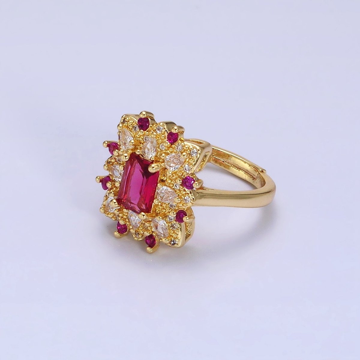 24K Gold Filled Fuchsia Baguette Flower Teardrop CZ Dotted Adjustable Ring | O-562 - DLUXCA