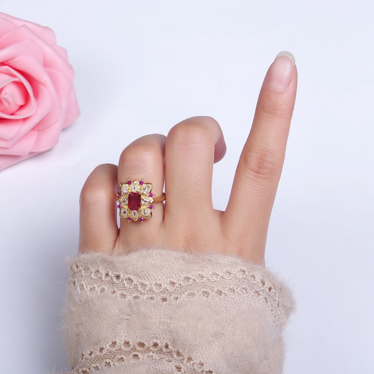 24K Gold Filled Fuchsia Baguette Flower Teardrop CZ Dotted Adjustable Ring | O-562 - DLUXCA