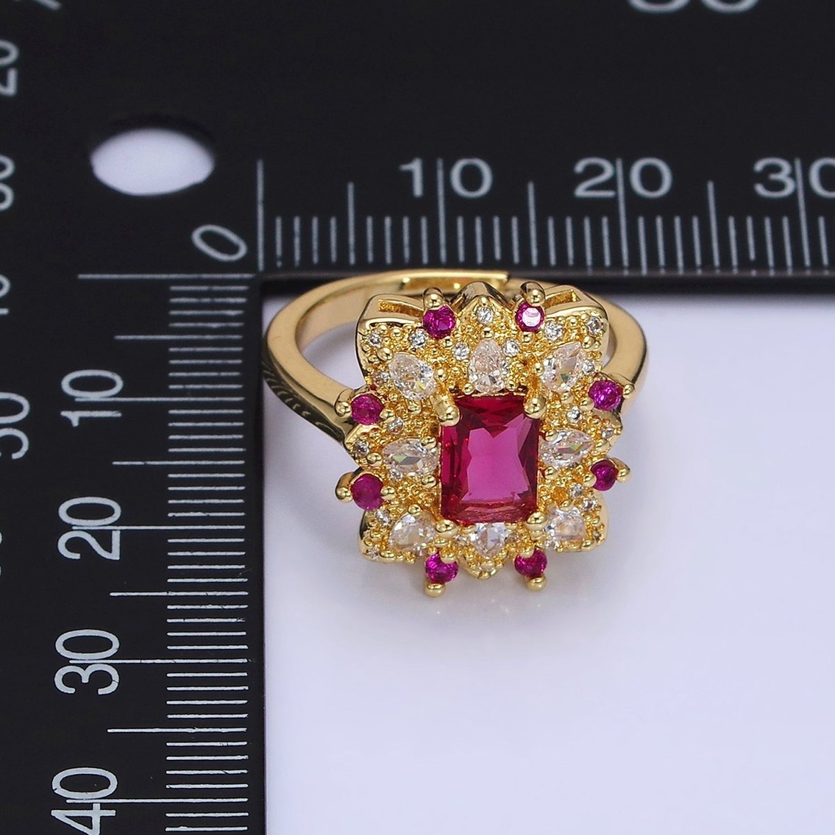 24K Gold Filled Fuchsia Baguette Flower Teardrop CZ Dotted Adjustable Ring | O-562 - DLUXCA