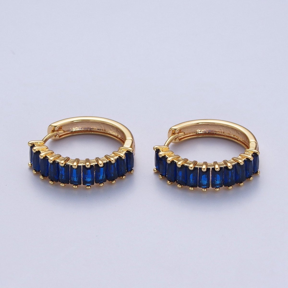 24K Gold Filled Fuchsia, Black. Blue Baguette Cubic Zirconia 18mm Huggie Hoop Earrings | X-824 X-825 X-826 - DLUXCA