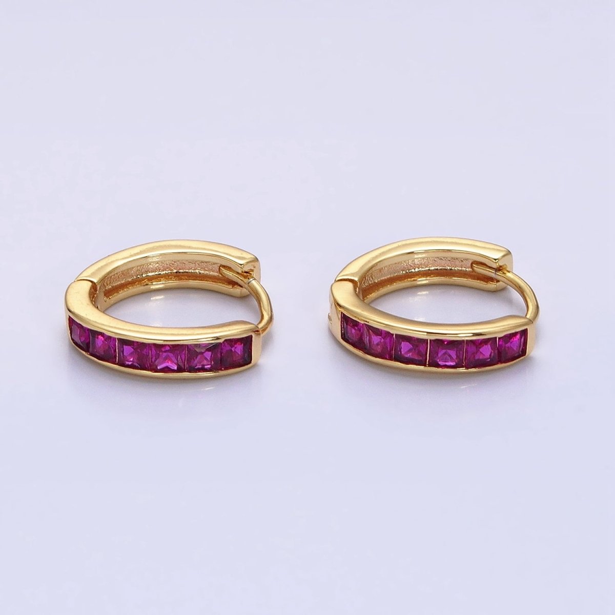 24K Gold Filled Fuchsia, Black Square CZ Lined Huggie Earrings in Gold & Silver | AB1407 - AB1410 - DLUXCA