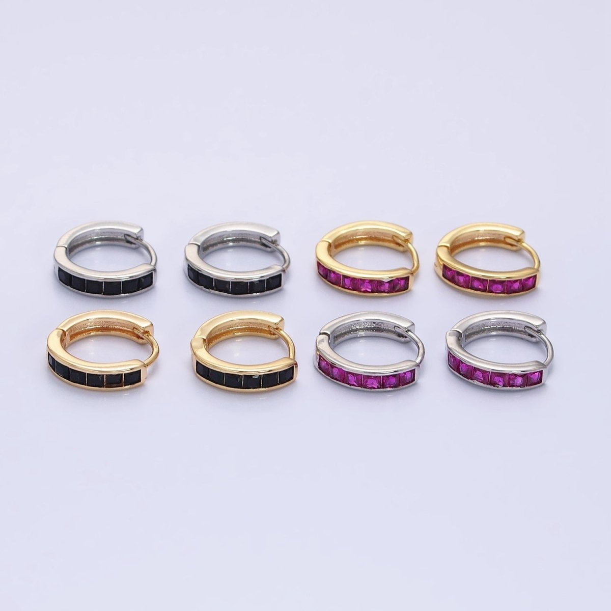 24K Gold Filled Fuchsia, Black Square CZ Lined Huggie Earrings in Gold & Silver | AB1407 - AB1410 - DLUXCA