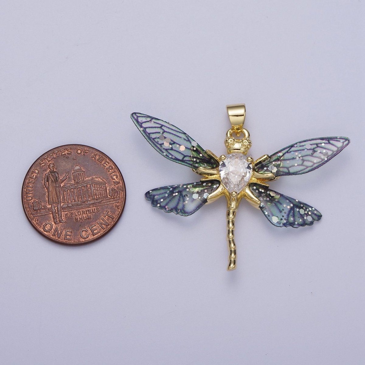 24K Gold Filled Fuchsia, Blue Dragonfly Fairy Wings Teardrop CZ Pendant I-143 I-158 - DLUXCA