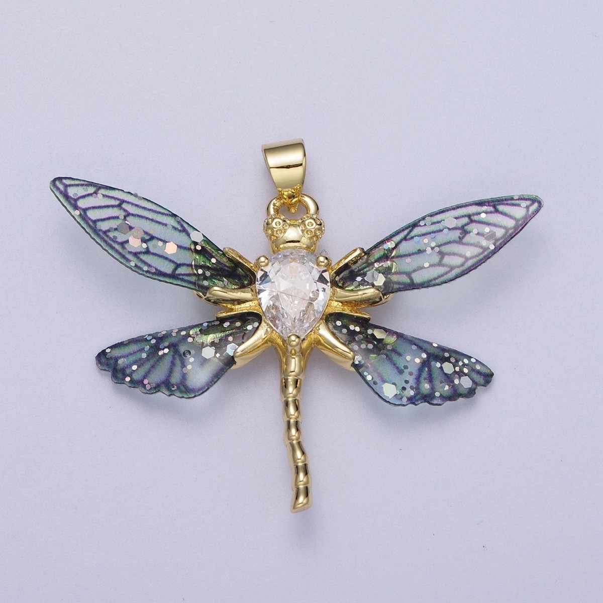 24K Gold Filled Fuchsia, Blue Dragonfly Fairy Wings Teardrop CZ Pendant I-143 I-158 - DLUXCA