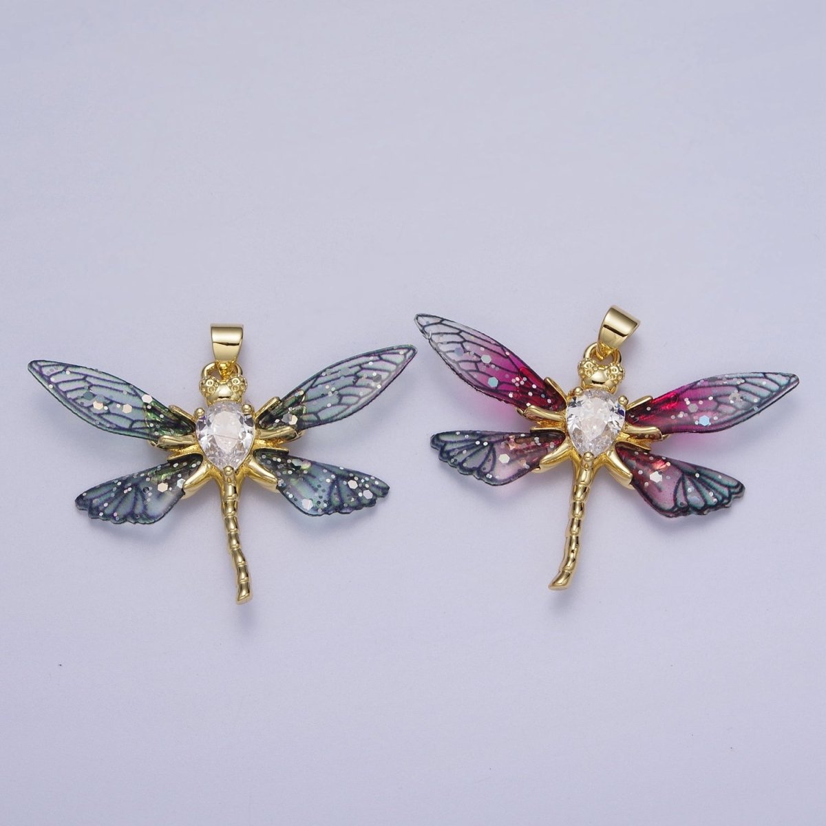 24K Gold Filled Fuchsia, Blue Dragonfly Fairy Wings Teardrop CZ Pendant I-143 I-158 - DLUXCA