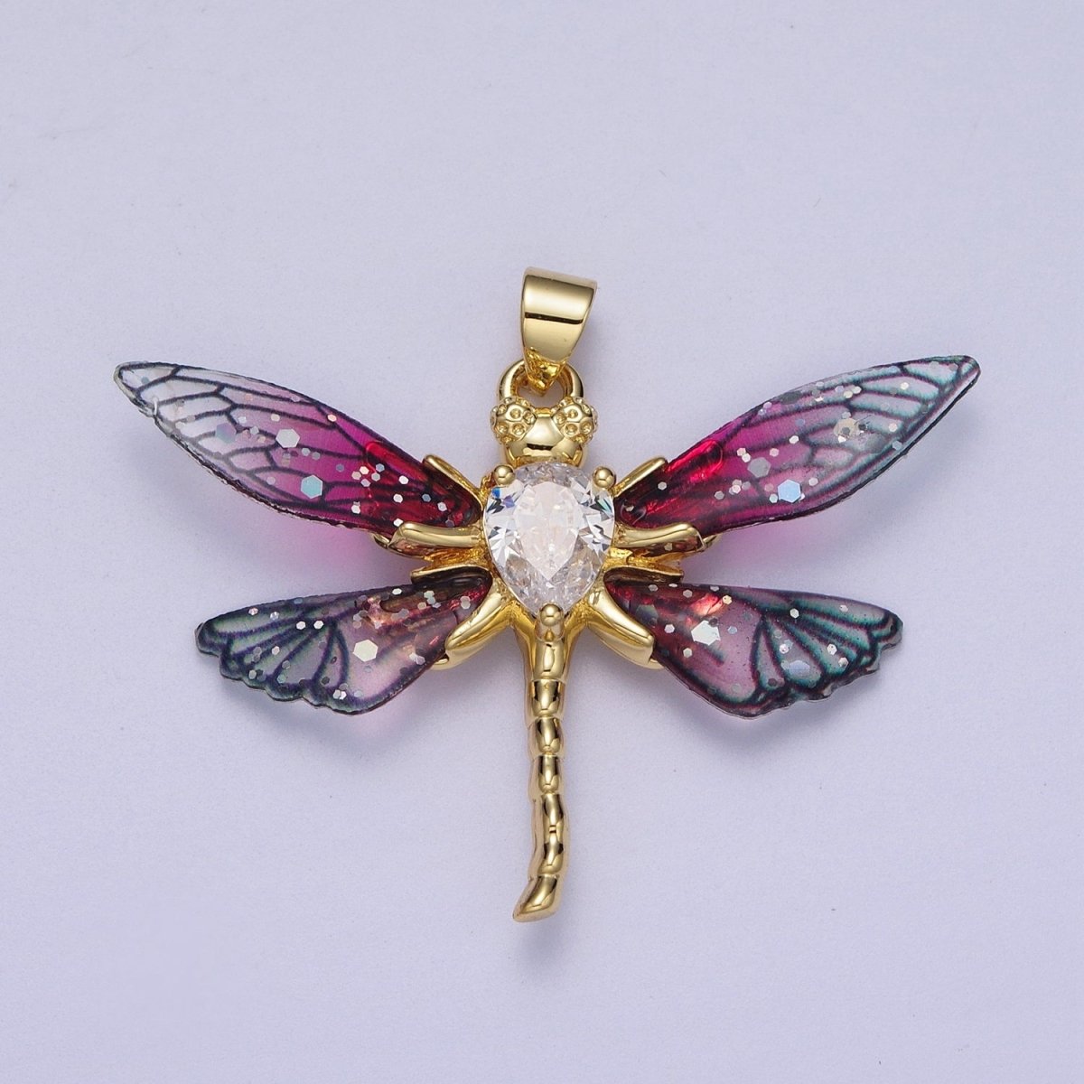 24K Gold Filled Fuchsia, Blue Dragonfly Fairy Wings Teardrop CZ Pendant I-143 I-158 - DLUXCA