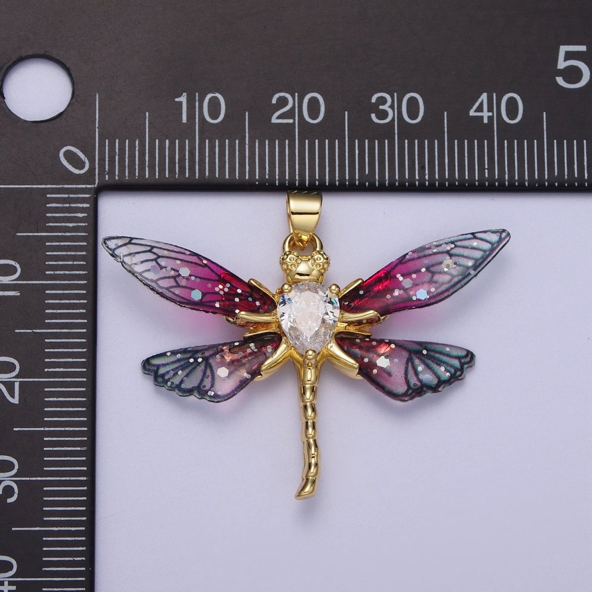 24K Gold Filled Fuchsia, Blue Dragonfly Fairy Wings Teardrop CZ Pendant I-143 I-158 - DLUXCA